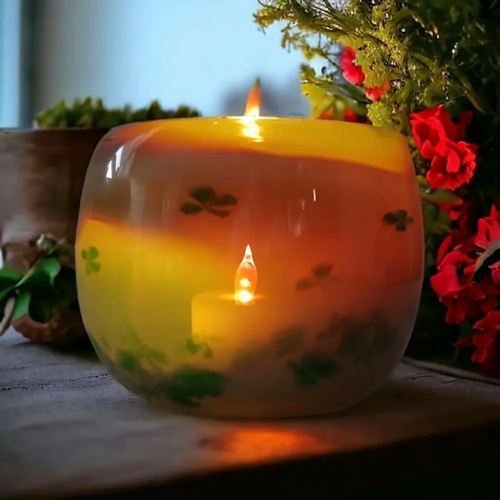 Hand Blown Studio Art Glass Votive Candle Holder Green Floral Tealight‎ Signed